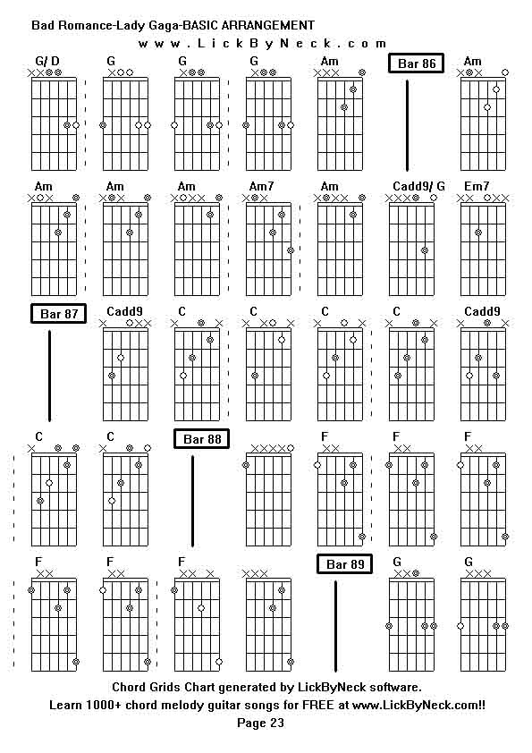 Chord Grids Chart of chord melody fingerstyle guitar song-Bad Romance-Lady Gaga-BASIC ARRANGEMENT,generated by LickByNeck software.